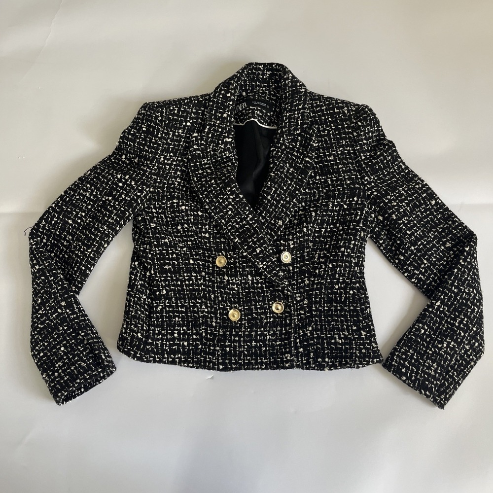 Zara Textured Double Breasted Tweed Blazer‎ Jacket Grey Size Small